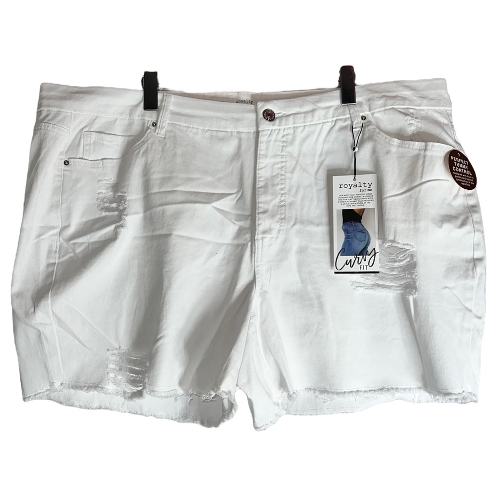 NEW Royalty Curvy Fit Ultra High Rise White Distressed Jean Shorts Plus Size